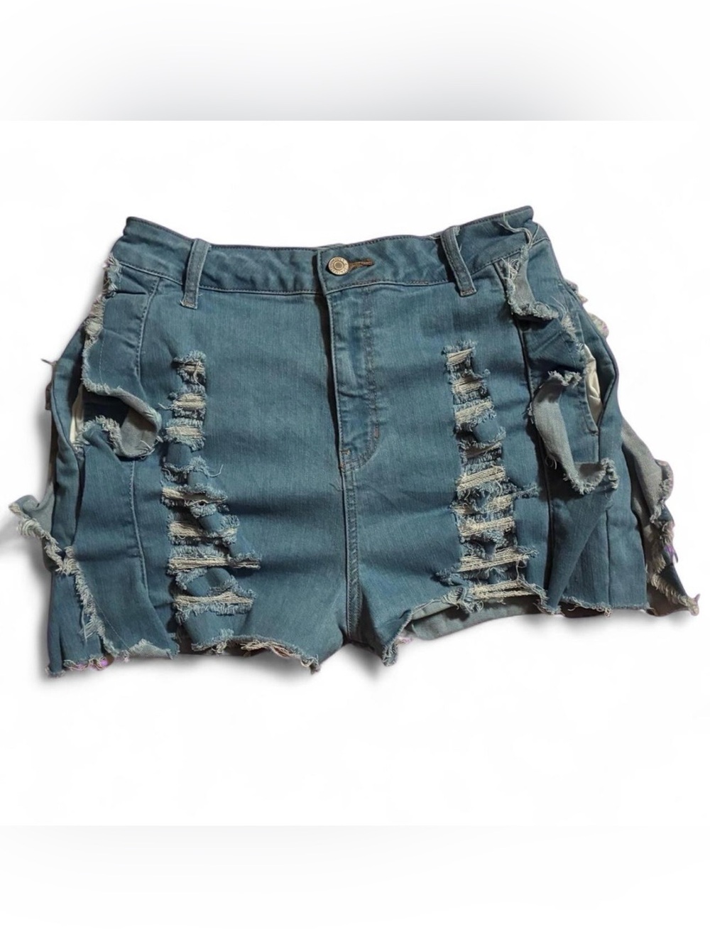 High-Rise Distressed Denim Shorts - Teal Blue